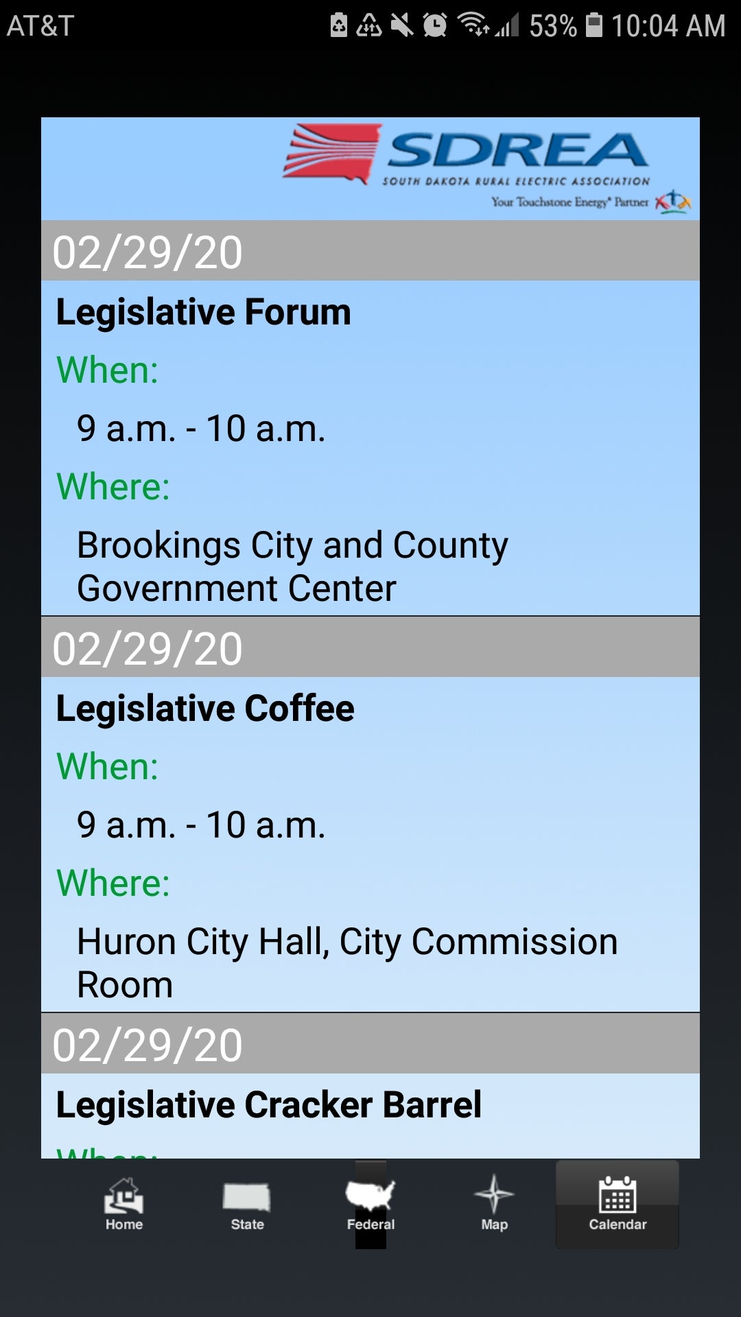 Picture of Legislative Mobile App calendar feature